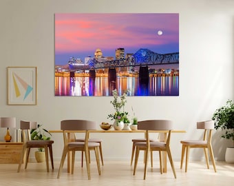 Louisville Kentucky Stadtbild - Leinwanddruck - Lichter der Innenstadt von einer Brücke bei Nacht