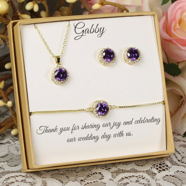 Dark Amethyst February Birthstone Bridesmaid CZ necklace earrings bracelet set Bridesmaid earrings, Custom Amethyst Cubic Zirconia Birthday