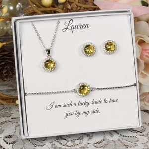 Citrine Yellow November Birthstone Bridesmaid necklace earrings bracelet set Bridesmaid earrings Gold Citrine Cubic Zirconia Birthday Gift