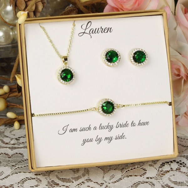 Emerald Green May Birthstone Bridesmaid CZ collier boucles d'oreilles bracelet ensemble boucles d'oreilles de demoiselle d'honneur, cadeau d'anniversaire personnalisé Emerald Cubic Zirconia