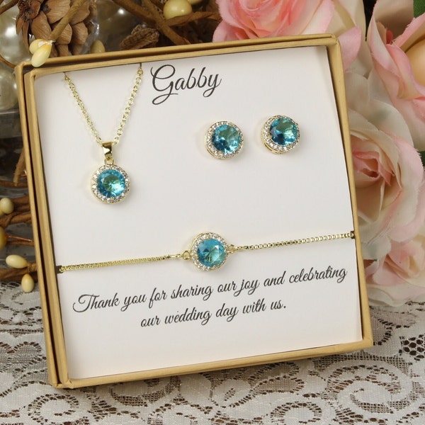 Bridesmaid CZ necklace earrings bracelet set Blue bridesmaid earrings Turquoise blue Cubic Zirconia Birthday Gift Set December Birthstone