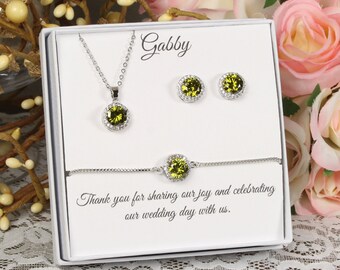 Peridot August Birthstone Bridesmaid CZ necklace earrings bracelet set Bridesmaid earrings, Custom Peridot Cubic Zirconia Birthday Gift Set