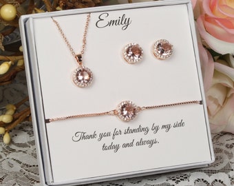 Collier boucles d'oreilles collier demoiselle d'honneur CZ morganite rose bracelet boucles d'oreilles de demoiselle d'honneur, cadeau d'anniversaire personnalisé morganite zircone cubique