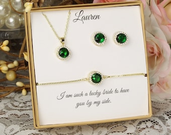 Emerald Green May Birthstone Bridesmaid CZ necklace earrings bracelet set Bridesmaid earrings, Custom Emerald Cubic Zirconia Birthday Gift