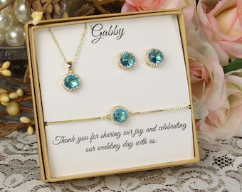 Bridesmaid CZ necklace earrings bracelet set Blue bridesmaid earrings Turquoise blue Cubic Zirconia Birthday Gift Set December Birthstone
