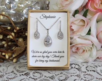 Two piece jewelry set, Bridesmaid Earrings gift set, Wedding Earrings, Cubic Zirconia, Teardrop Earrings, necklace, Wedding Jewelry,