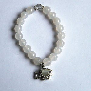 White Agate Bracelet, sterling silver elephant charm, white stone bracelet, elegant bracelet, agate bracelet