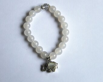 White Agate Bracelet, sterling silver elephant charm, white stone bracelet, elegant bracelet, agate bracelet