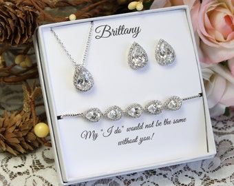 Personalized Bridesmaid gift set Bridal necklace earrings bracelet Rose gold silver Zirconia Teardrop Earrings necklace Wedding Mother Gift