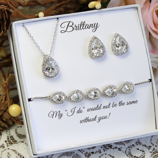 Personalized Bridesmaid gift set Bridal necklace earrings bracelet Rose gold silver Zirconia Teardrop Earrings necklace Wedding Mother Gift