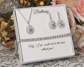 Custom personalized bridesmaid Earrings gift set, Wedding Earrings, Cubic Zirconia, CZ necklace, bracelet set, Wedding Jewelry CZ bracelet
