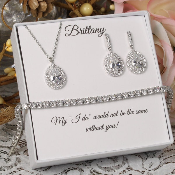 Custom personalized bridesmaid Earrings gift set, Wedding Earrings, Cubic Zirconia, CZ necklace, bracelet set, Wedding Jewelry CZ bracelet