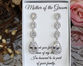 Bridal long drop Earrings, Triple round Tear drop CZ bridesmaid earrings, Wedding Earrings, Mother of the bride set, Mom Gift Set