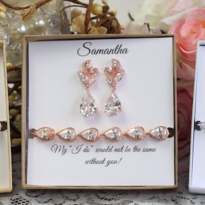 Custom color, Bridesmaid gift set, Tear drop bridesmaid earrings, Bridal Earrings, CZ Bracelet, Cubic Zirconia Earrings, Wedding Jewelry Set image 1