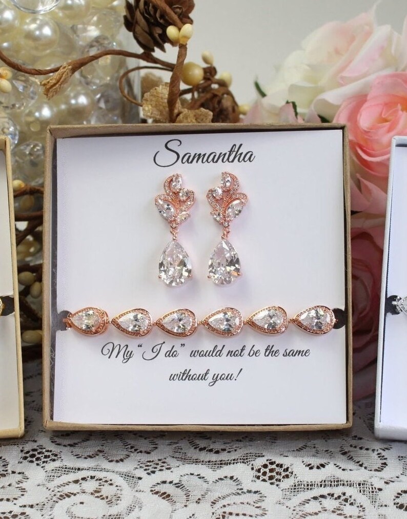 Custom color, Bridesmaid gift set, Tear drop bridesmaid earrings, Bridal Earrings, CZ Bracelet, Cubic Zirconia Earrings, Wedding Jewelry Set image 1