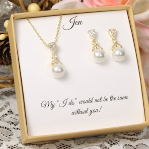 Bridesmaid gift set, Cubic Zirconia Pearl bridesmaid earrings, Bridal Earrings, CZ Pearl Drop Earrings, Pearl Necklace Wedding Jewelry Set image 3