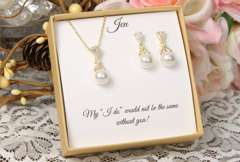 Bridesmaid gift set, Cubic Zirconia Pearl bridesmaid earrings, Bridal Earrings, CZ Pearl Drop Earrings, Pearl Necklace Wedding Jewelry Set image 3