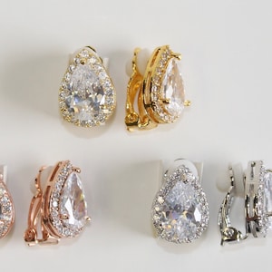 Clip on bridesmaid Earrings, Bridesmaid Earrings, Cubic Zirconia Earrings, Pear CZ clip on Earrings, Crystal Drop Earrings, Wedding Jewelry