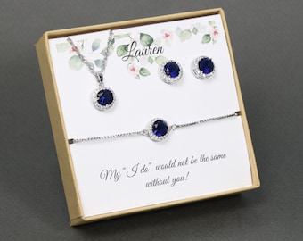Custom bridesmaid gifts necklace earrings set, Bridesmaid earrings, Bridesmaid necklace, earrings and bracelet set, Navy Blue CZ