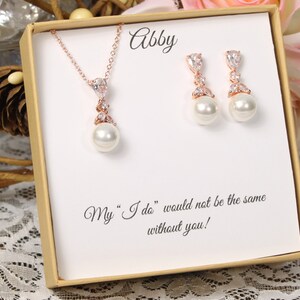 Bridesmaid gift set, Cubic Zirconia Pearl bridesmaid earrings, Bridal Earrings, CZ Pearl Drop Earrings, Pearl Necklace Wedding Jewelry Set image 2