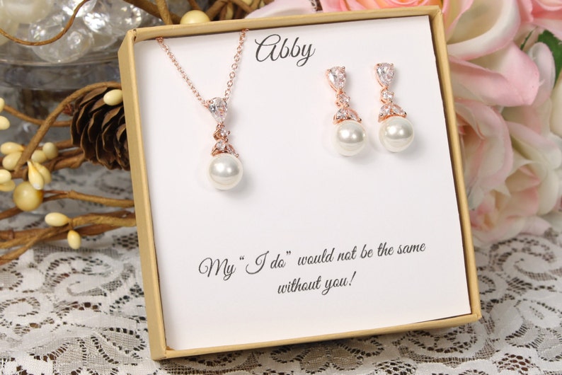 Bridesmaid gift set, Cubic Zirconia Pearl bridesmaid earrings, Bridal Earrings, CZ Pearl Drop Earrings, Pearl Necklace Wedding Jewelry Set image 2