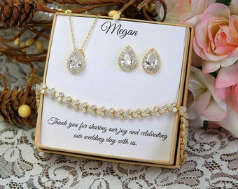 Custom Bridesmaid jewelry set, White gold Tear drop Cubic Zirconia earrings bracelet necklace set, Bridesmaid gift, Gold bridesmaid earrings