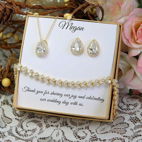 Custom Bridesmaid jewelry set, White gold Tear drop Cubic Zirconia earrings bracelet necklace set, Bridesmaid gift, Gold bridesmaid earrings