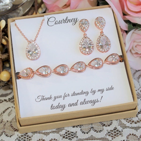 Custom color, Bridesmaid gift set, Tear drop bridesmaid earrings, Bridal Earrings, CZ Bracelet, Cubic Zirconia Earrings, Wedding Jewelry Set