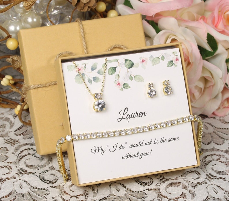 Custom bridesmaid gifts necklace earrings set, Bridesmaid earrings, Bridesmaid necklace, earrings and bracelet set, Bridal party jewelry set image 3