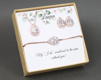 Regalos personalizados para dama de honor, juego de pendientes para dama de honor, juego de collar y pendientes para dama de honor, regalo de boda de circonita, pulsera para dama de honor