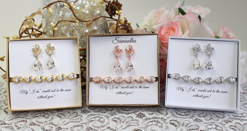 Custom color, Bridesmaid gift set, Tear drop bridesmaid earrings, Bridal Earrings, CZ Bracelet, Cubic Zirconia Earrings, Wedding Jewelry Set image 5
