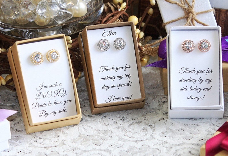 Custom bridesmaid earrings, Personalized bridesmaid earrings, Wedding Earrings, Zirconia Earrings, round earrings, Bridal party jewelry image 2