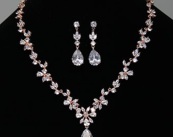 Custom CZ color, Bridal Jewelry set, Bridal Earrings, CZ Necklace, Bridal Necklace, Cubic Zirconia Necklace, Wedding Jewelry Set