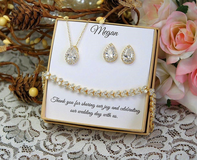 Custom Bridesmaid Jewelry Set Rose Gold Tear Drop Cubic Etsy