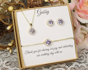 Light Amethyst June Birthstone Bridesmaid CZ necklace earrings bracelet set Bridesmaid earrings Custom Lavender Cubic Zirconia Birthday Gift