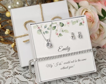 Ensemble de boucles d'oreilles collier cadeaux de demoiselle d'honneur personnalisées, boucles d'oreilles de demoiselle d'honneur, collier de demoiselle d'honneur, ensemble boucles d'oreilles et bracelet, ensemble de bijoux de fête nuptiale