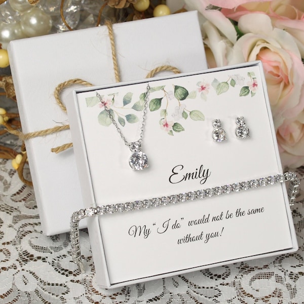 Personalisiertes Brautjungfern-Geschenk-Halsketten-Ohrring-Set, Brautjungfern-Ohrringe, Brautjungfern-Halskette, Ohrringe und Armband-Set, Brautparty-Schmuckset