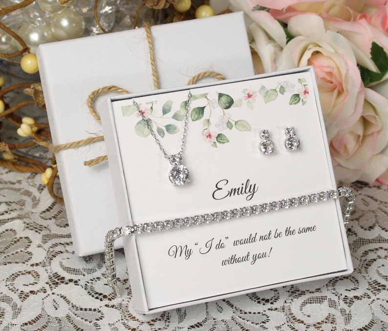 Custom bridesmaid gifts necklace earrings set, Bridesmaid earrings, Bridesmaid necklace, earrings and bracelet set, Bridal party jewelry set image 1