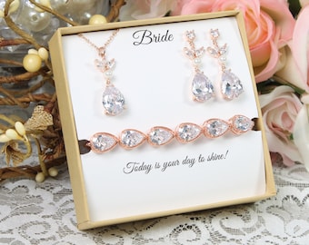 Brautschmuck-Set, Brautjungfer Geschenk-Set, Brautjungfer Ohrringe, Braut Ohrringe Halskette, CZ Armband, Ohrringe Hochzeit Schmuck-Set