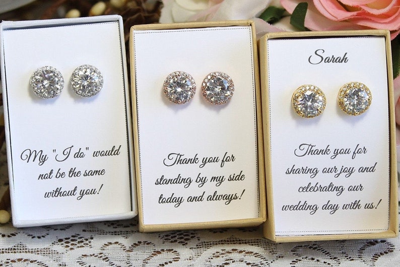 Custom bridesmaid earrings, Personalized bridesmaid earrings, Wedding Earrings, Zirconia Earrings, round earrings, Bridal party jewelry image 1