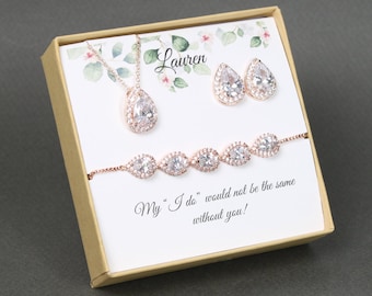 Custom color, Bridesmaid Earrings gift set, Wedding Earrings, Cubic Zirconia, Teardrop Earrings, CZ necklace, Wedding Jewelry, Mother Gift