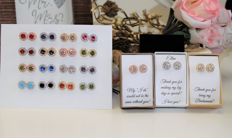 Custom Personalized Bridesmaid gifts round zirconia earrings Bridesmaid earring Bridesmaid earrings wedding earrings bridal party gifts