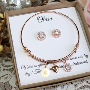 Customized Bridesmaid gift set, Bangle Bracelet, Bridesmaid earrings, Bridal Earrings, CZ Bracelet,  Earrings, Wedding Jewelry Set