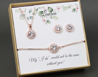 Conjunto de collar y pendientes de dama de honor personalizados. Conjunto de collar, pendientes y pulsera de dama de honor. Conjunto de joyas para fiesta nupcial.