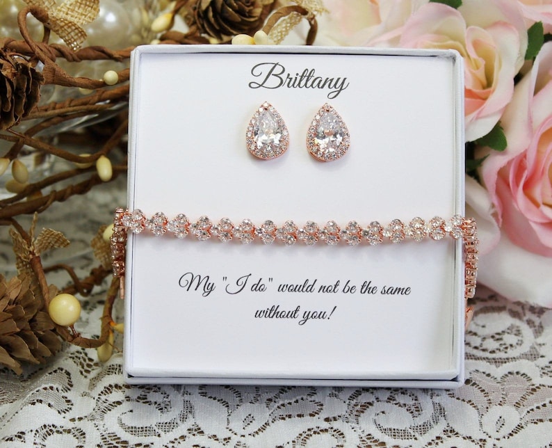 Custom Bridesmaid jewelry set, White gold Tear drop Cubic Zirconia earrings bracelet necklace set, Bridesmaid gift, Gold bridesmaid earrings image 3