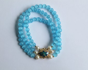 Aqua Blue Tiger Eye Bracelet avec perle d’eau douce, longueur réglable, bracelet pierre bleue, pierre de guérison, bracelet mala, bracelet gemme