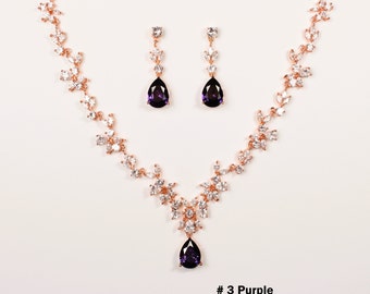 Dark Purple Bridal Jewelry set Purple Amethyst Bridal Earrings Necklace Bridal Necklace Cubic Zirconia Necklace Purple Wedding Jewelry Set
