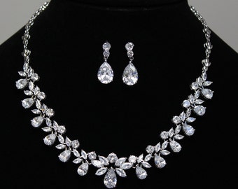Custom CZ color, Bridal Jewelry set, Bridal Earrings, CZ Necklace, Bridal Necklace, Cubic Zirconia Necklace, Wedding Jewelry Set