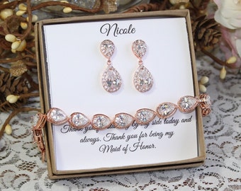 Bridesmaid gift set, Tear drop bridesmaid earrings,Bridal Earrings, bridesmaid Bracelet, Cubic Zirconia Earrings, Custom Wedding Jewelry Set
