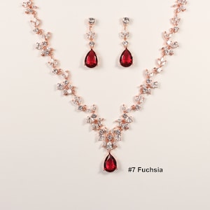 Parure de bijoux de mariée rouge, boucles d'oreilles de mariée bordeaux, collier CZ, collier de mariée, collier zircone cubique, parure de bijoux de mariage rouge foncé image 5